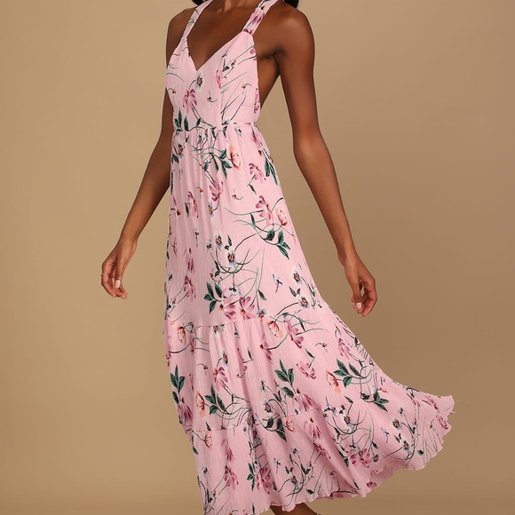 Lulus Tea in the Garden Pink Floral Print Pleated Tie-Back Midi Dress! - Picture 1 of 10